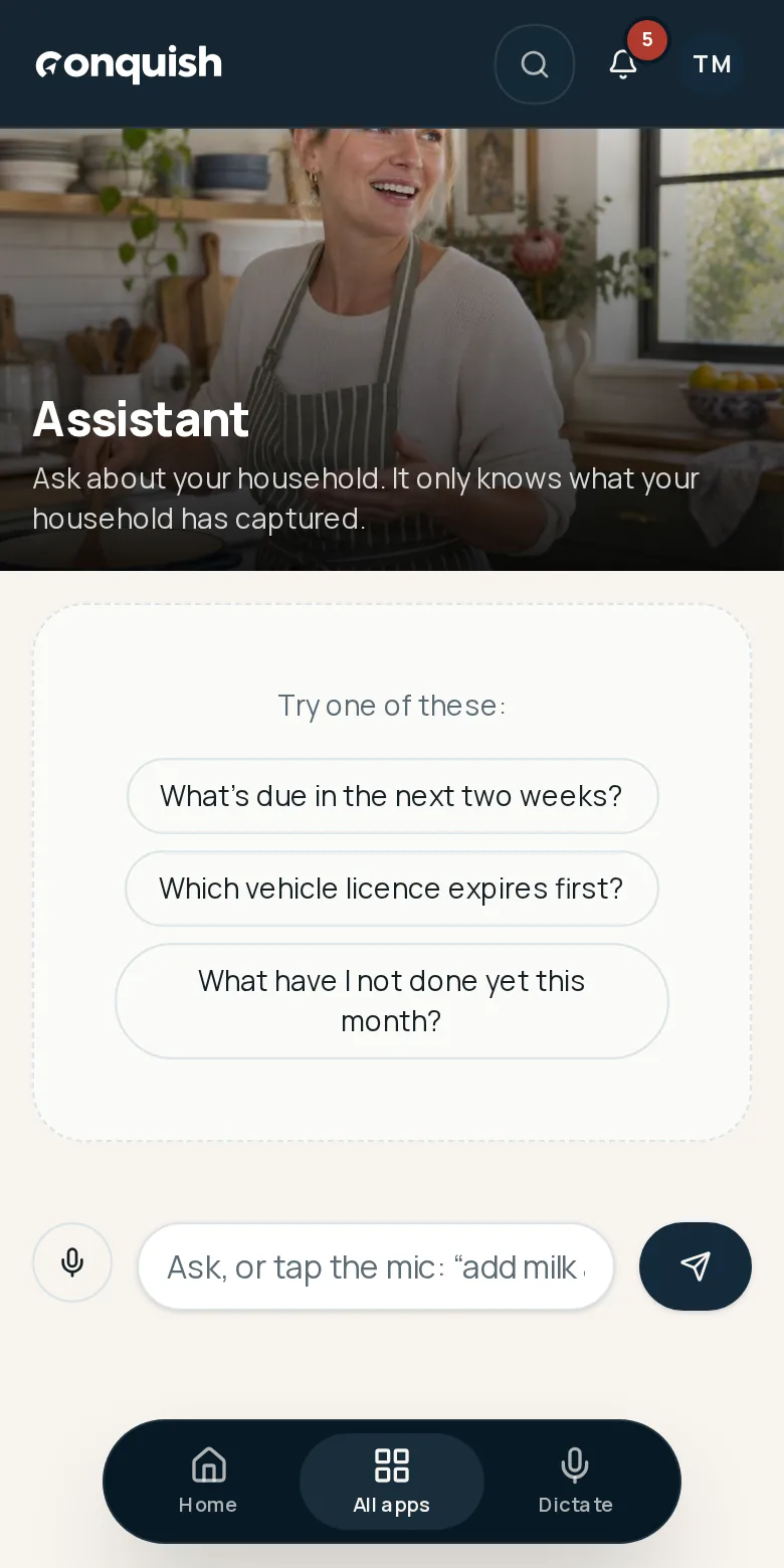 Conquish mobile app showing the household assistant proposing an action for confirmation using fictional household data