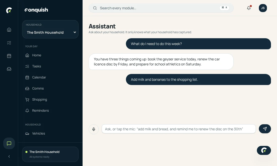 Assistant: Ask in plain language shown in the Conquish app
