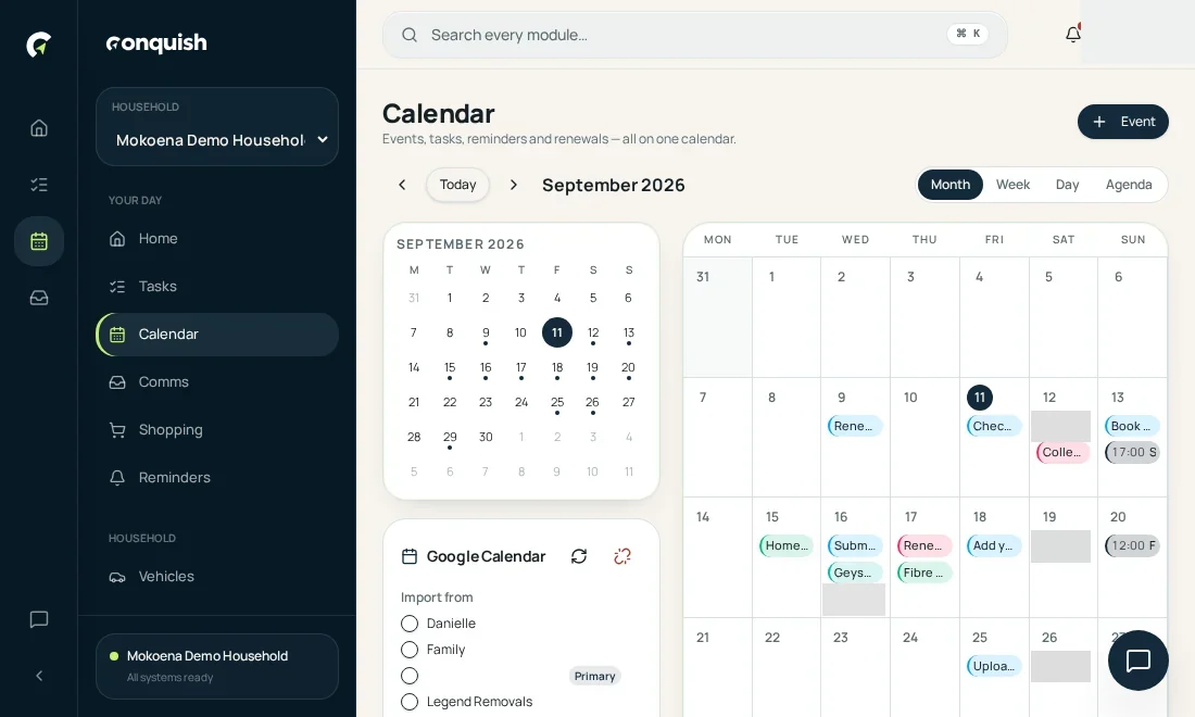 Calendar: Pick the view that suits the moment shown in the Conquish app