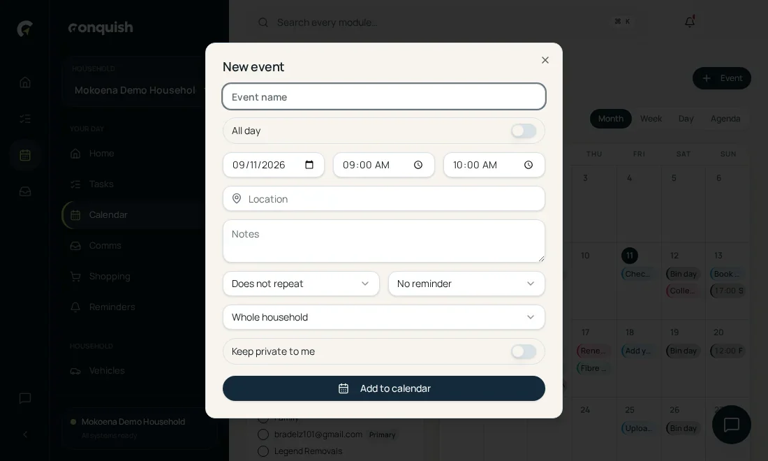 Calendar: It fills itself in shown in the Conquish app
