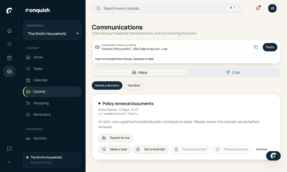 Communications inbox: Use your household address shown in the Conquish app
