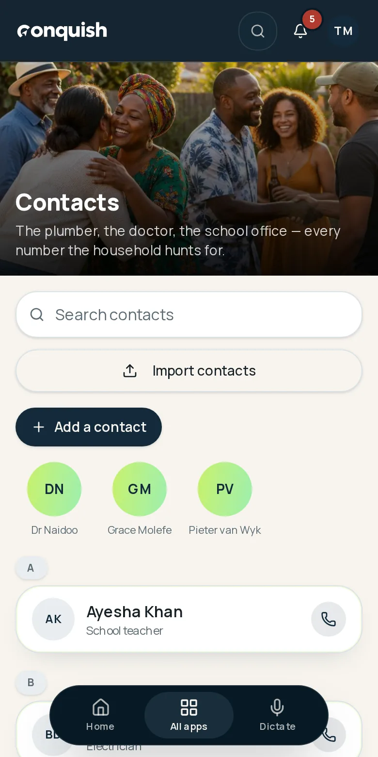 Conquish mobile app showing shared household contacts with quick communication actions using fictional household data