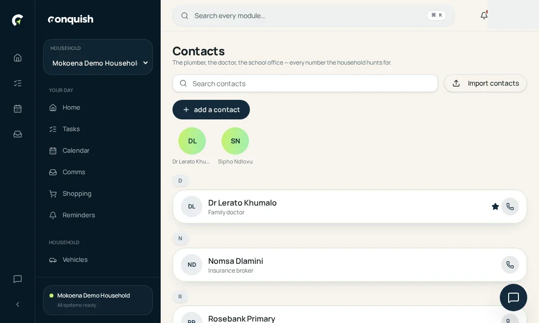 Contacts: Import from your phone shown in the Conquish app