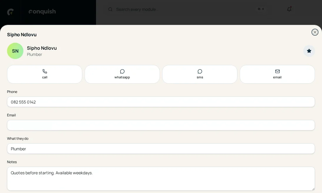 Contacts: Check the preview shown in the Conquish app