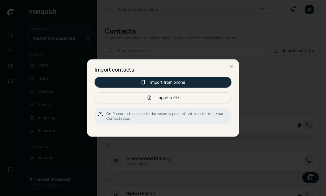Contacts: Share with the household shown in the Conquish app
