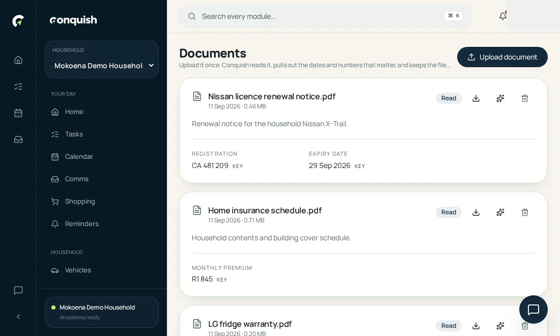 Documents: Upload or forward it shown in the Conquish app