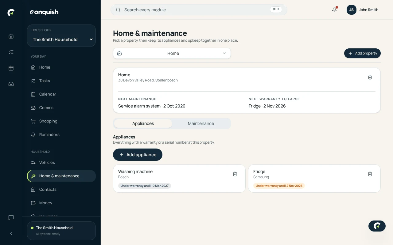 Conquish desktop app showing a property, appliances and upcoming maintenance history using fictional household data