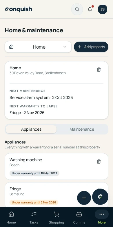 Conquish mobile app showing a property, appliances and upcoming maintenance history using fictional household data