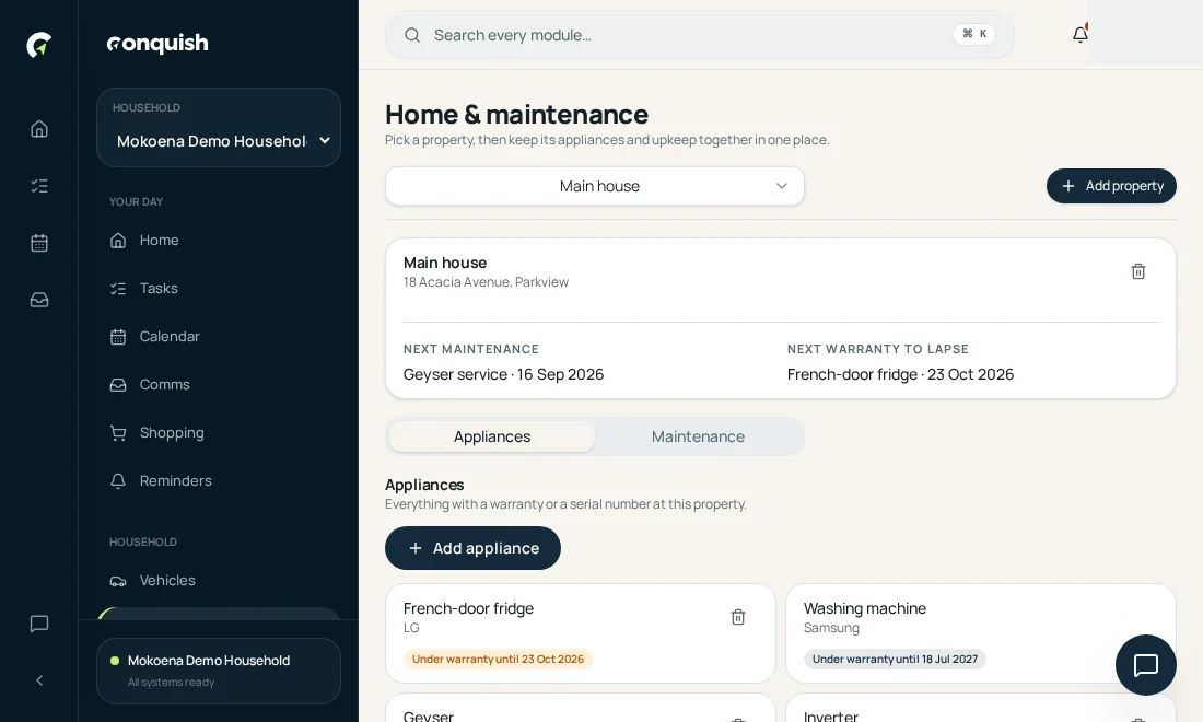 Home & maintenance: Add the property shown in the Conquish app