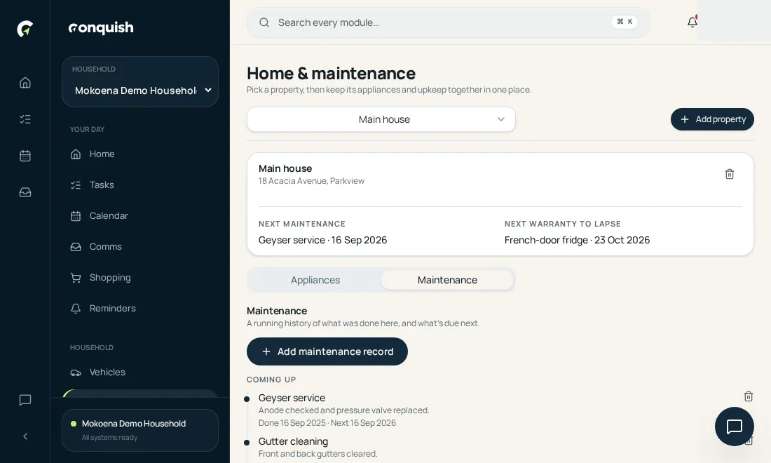 Home & maintenance: Capture warranty and interval shown in the Conquish app