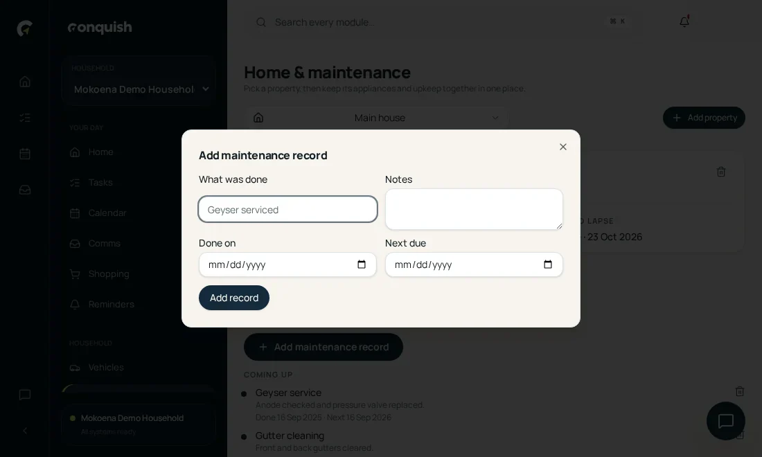 Home & maintenance: Log every job shown in the Conquish app