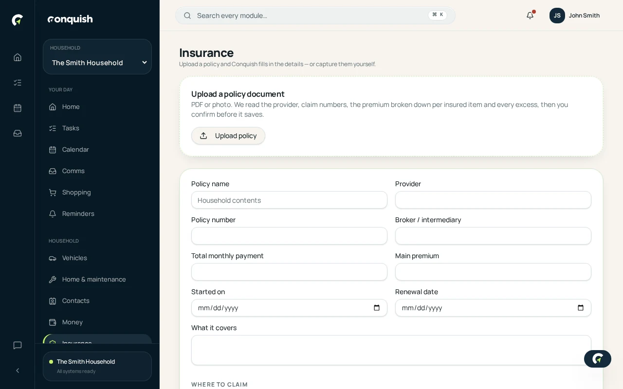 Conquish desktop app showing household insurance policy details, cover and renewal information using fictional household data
