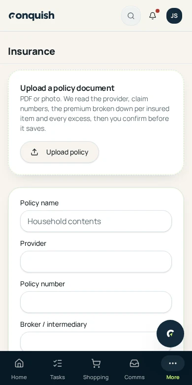 Conquish mobile app showing household insurance policy details, cover and renewal information using fictional household data
