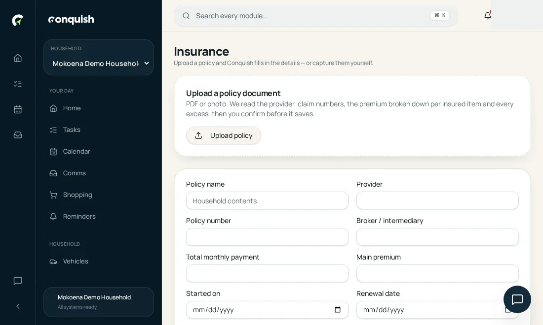 Insurance: Upload the schedule shown in the Conquish app