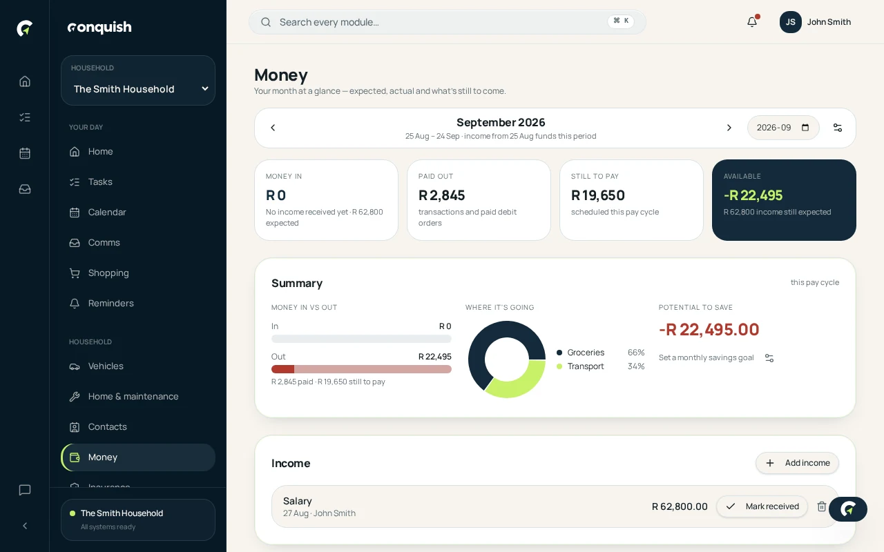 Conquish desktop app showing monthly household income, outgoings, savings and available balance using fictional household data