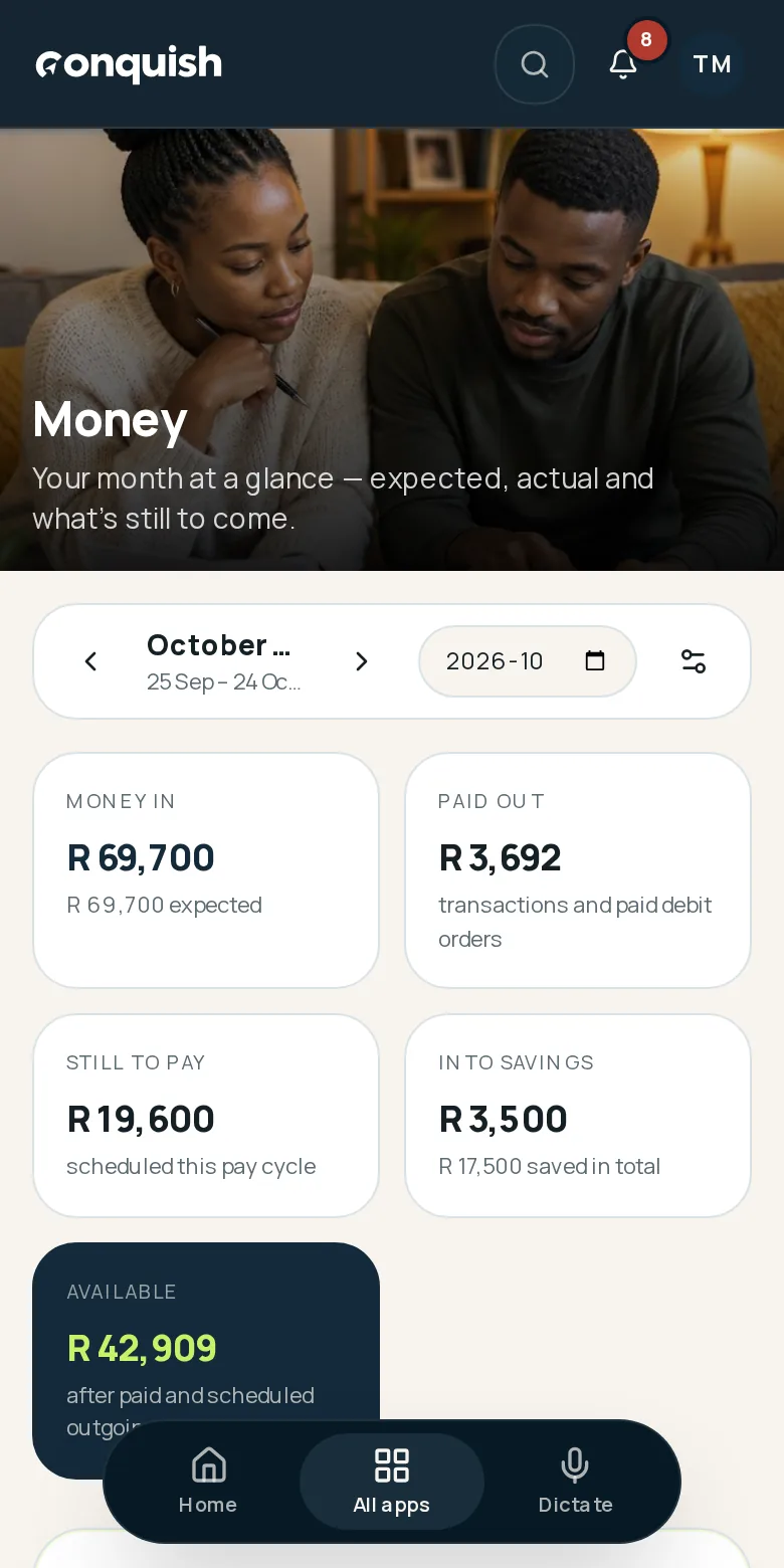 Conquish mobile app showing monthly household income, outgoings, savings and available balance using fictional household data