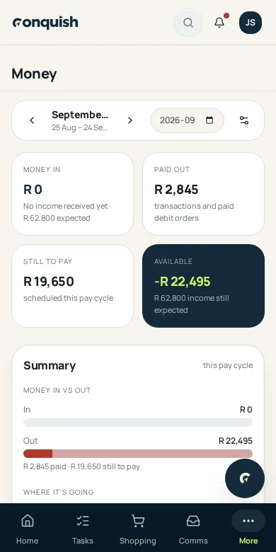 Conquish mobile app showing monthly household income, outgoings, savings and available balance using fictional household data