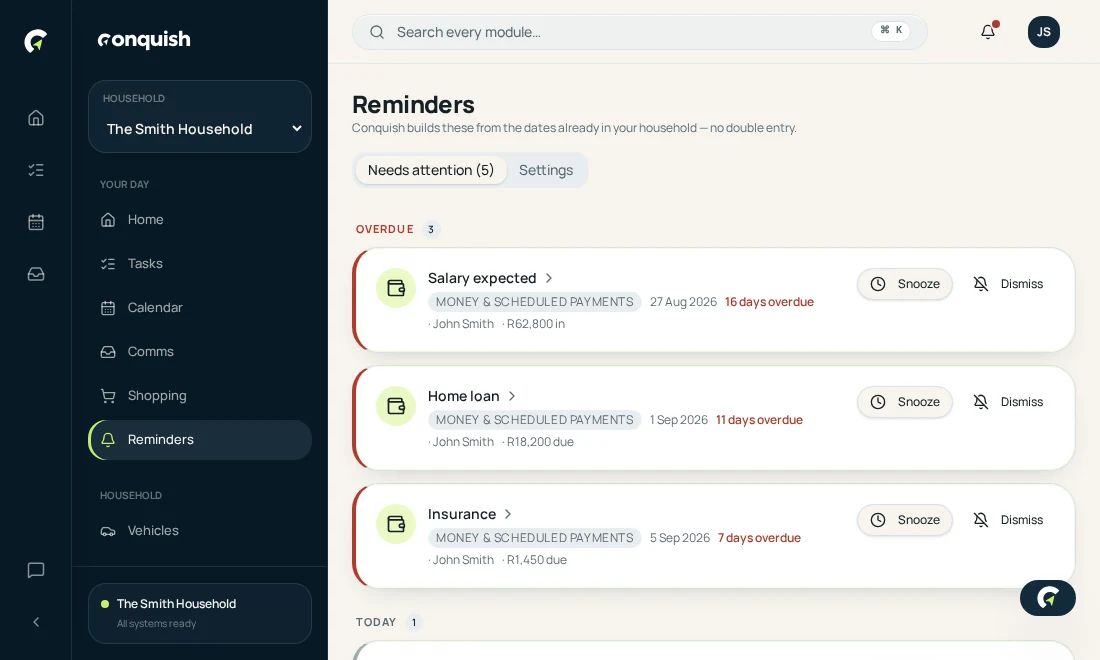 Reminders: Set one, or let Conquish set it shown in the Conquish app