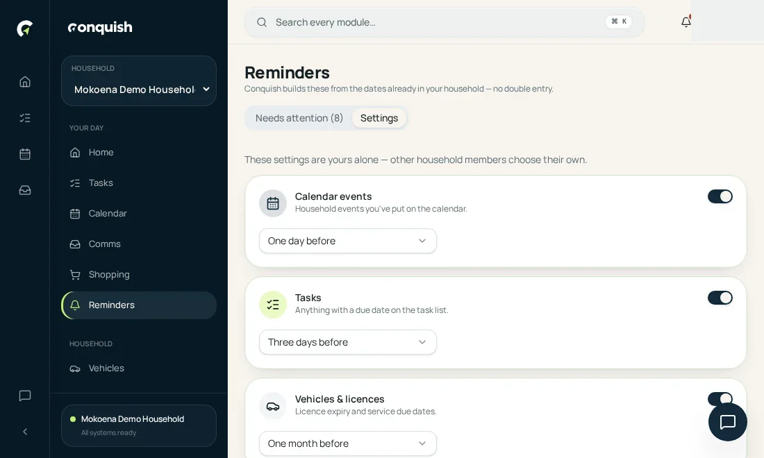 Reminders: Overdue rises to the top shown in the Conquish app