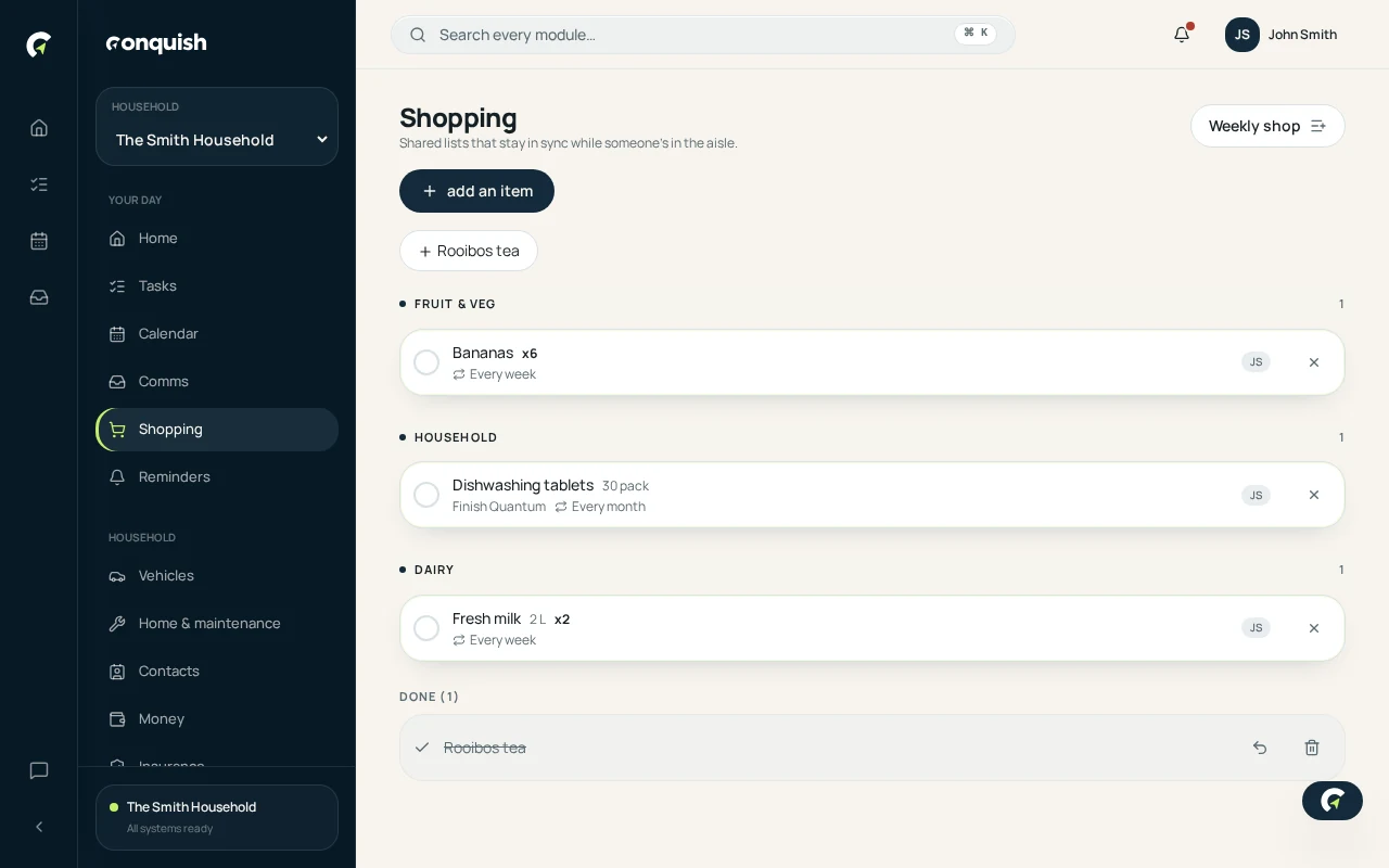 Conquish desktop app showing a live household shopping list grouped by supermarket aisle using fictional household data