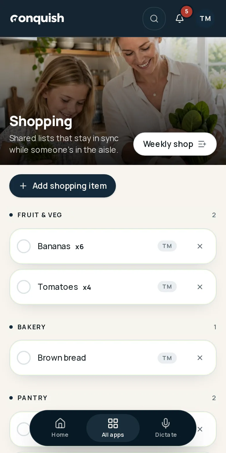 Conquish mobile app showing a live household shopping list grouped by supermarket aisle using fictional household data