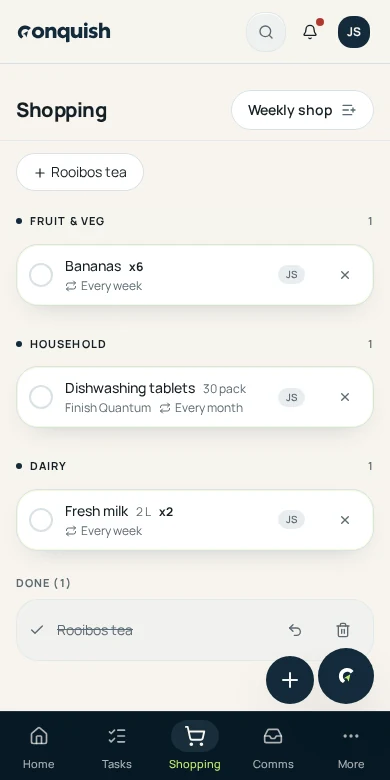Conquish mobile app showing a live household shopping list grouped by supermarket aisle using fictional household data