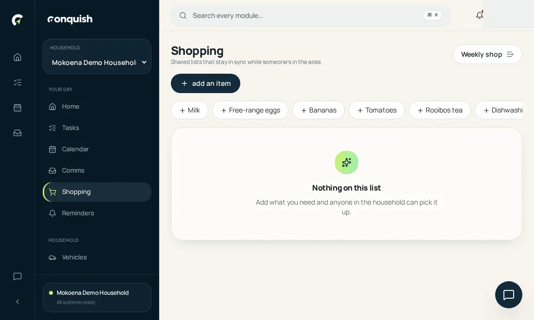 Shopping: Type and it suggests shown in the Conquish app