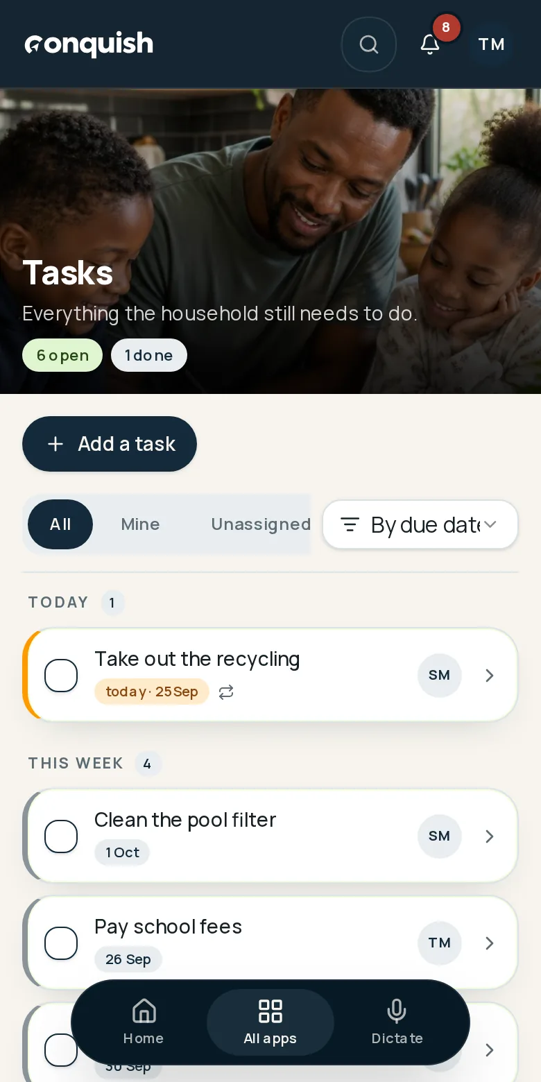 Conquish mobile app showing grouped household tasks, due dates, assignees and recurrence using fictional household data