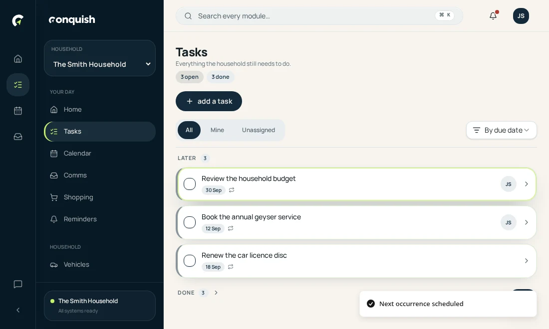 Tasks: Give it an owner shown in the Conquish app