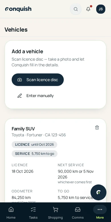 Conquish mobile app showing a vehicle licence, odometer, service countdown and history using fictional household data
