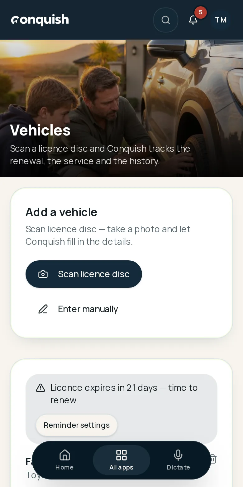 Conquish mobile app showing a vehicle licence, odometer, service countdown and history using fictional household data