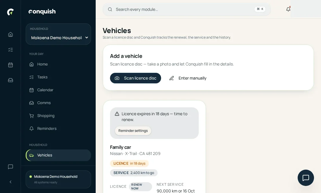 Vehicles & licences: Photograph the licence disc shown in the Conquish app
