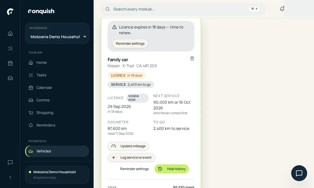 Vehicles & licences: Renewals take care of themselves shown in the Conquish app