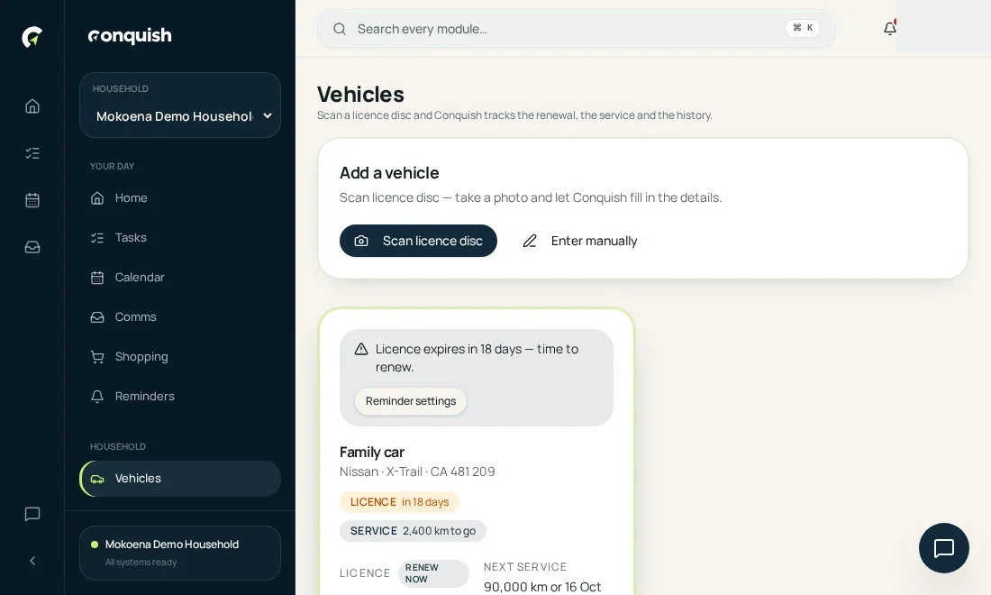 Vehicles & licences: Log the kilometres shown in the Conquish app